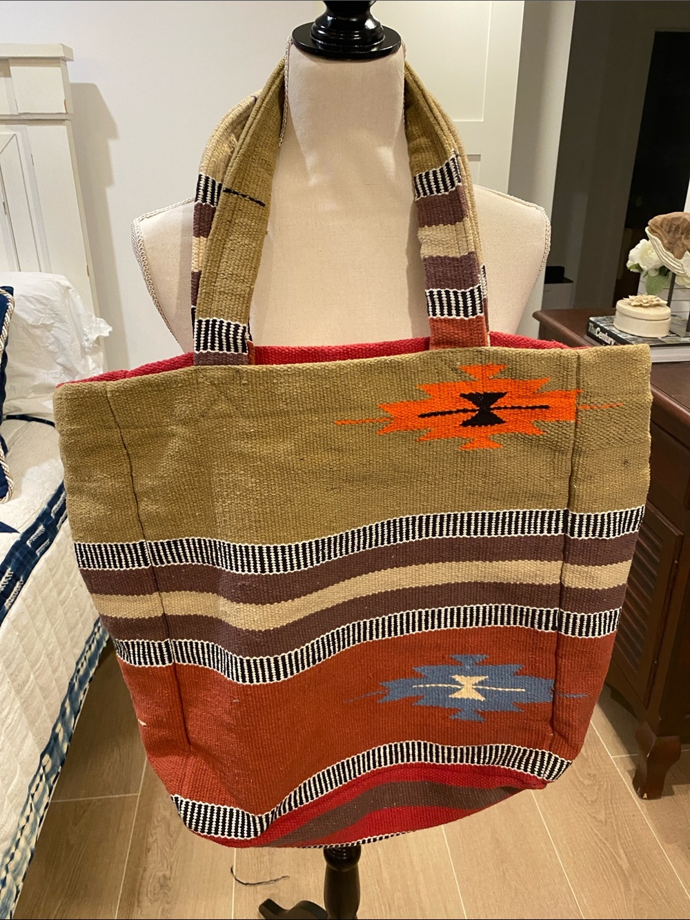 Raj Handwoven Tote in Olive, Rust & Orange Accent